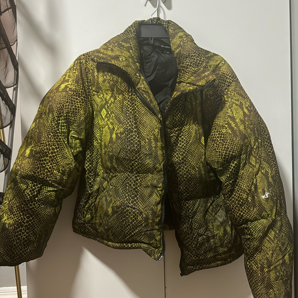 Green snakeskin puffer jacket